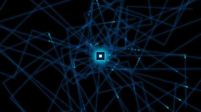 Futuristic digital data network with blue neon lines, abstract cyber motion background, glowing geometric square portal for high-tech concepts