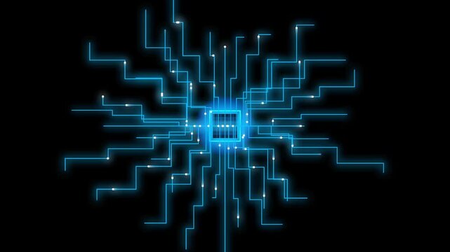 Futuristic blue circuit board animation, glowing digital motherboard processor, high-tech data transmission lines on black background