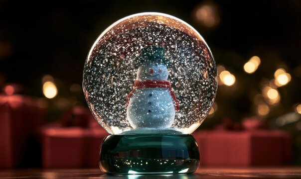 Snowman in snow globe, festive background with blurred lights and gifts
