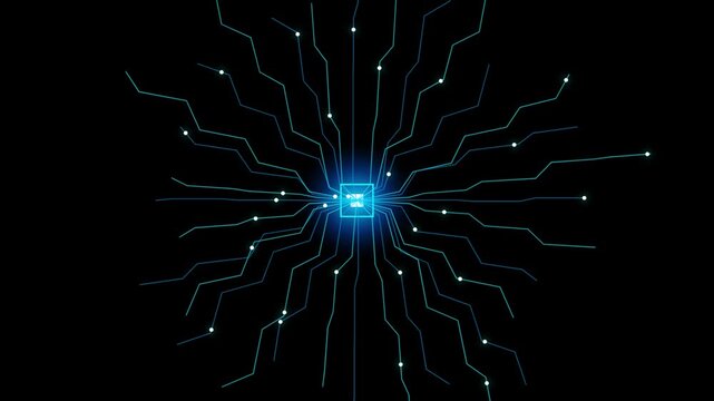 Futuristic digital CPU processor with glowing circuit lines, blue microchip technology background, artificial intelligence neural network concept