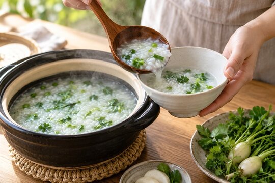 七草粥を椀へよそう手元