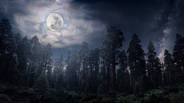 Mau dibuatkan gambar bulan purnama yang dikelilingi awan tipis. Di bawahnya terlihat hutan rimbun. Ukuran 16:9, 8k. Gambar tidak sama dengan yang sebelumnya. Jangan similiar Content di Adobe