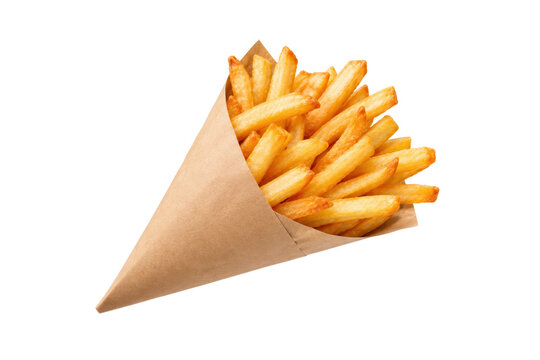 Golden crispy French fries served in a brown kraft paper cone, isolated on a clean white background.