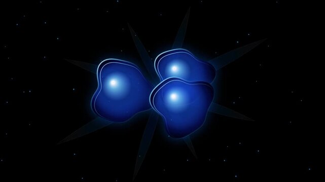Abstract blue glowing cells in dark space, microscopic biological organisms with light effect, scientific medical visualization of molecules