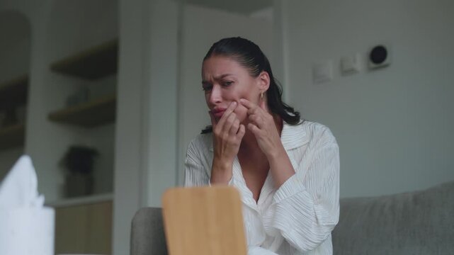 Young woman squeezing pimple on her cheek while looking into mirror, 4K