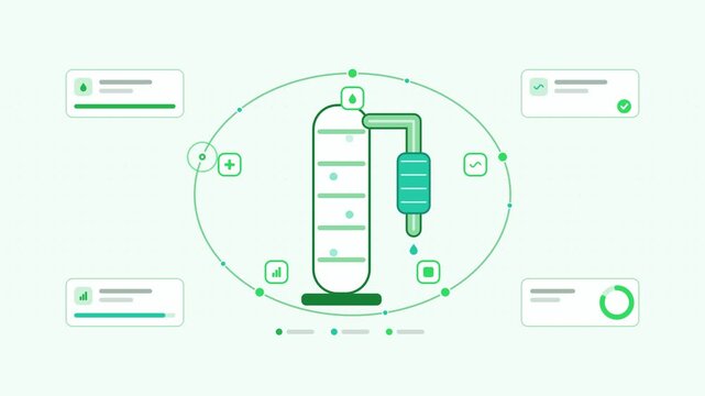Seamless 4K looping animation showing a solvent recovery closed reuse presented as a loop cycle. Flat vector icons, UI cards and animated connector lines move across a clean light background in teal a