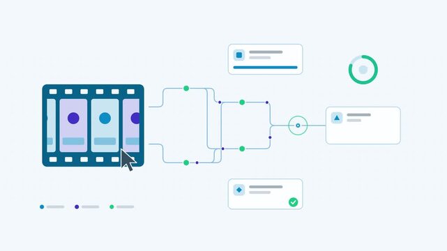 Animated text to video pipeline frames visualised as a process flow in a modern flat vector style. Smooth looping 4K motion graphic with soft teal and turquoise colours, floating interface cards and f