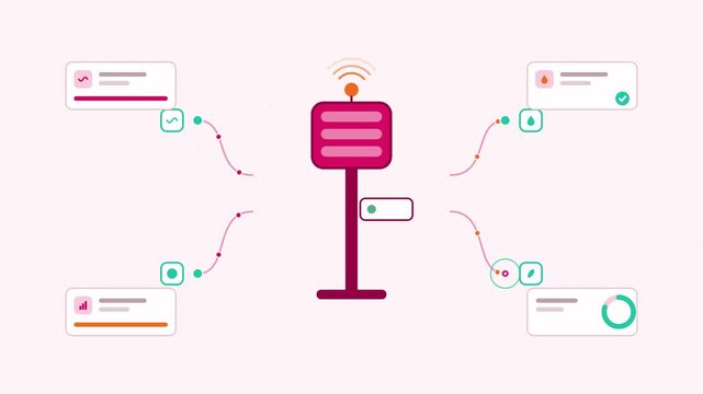 Animated environmental sensor visualised as a node network in a modern flat vector style. Smooth looping 4K motion graphic with soft warm red and coral colours, floating interface cards and flowing do