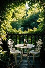 Fototapeta premium White metal table, chairs set on wooden balcony. Small round bistro set with silver pitcher sits among rich green plants. Sunny summer garden view with dense trees, foliage creates peaceful outdoor
