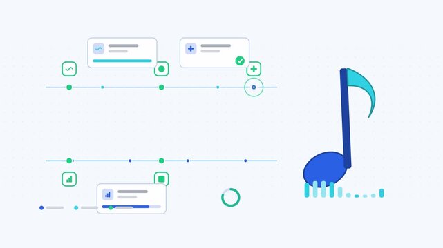 Animated music generation pipeline track visualised as a parallel lanes in a modern flat vector style. Smooth looping 4K motion graphic with soft blue and azure colours, floating interface cards and f