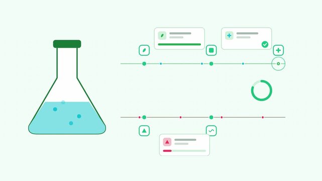 Animated chemical substitution old new visualised as a parallel lanes in a modern flat vector style. Smooth looping 4K motion graphic with soft teal and turquoise colours, floating interface cards and