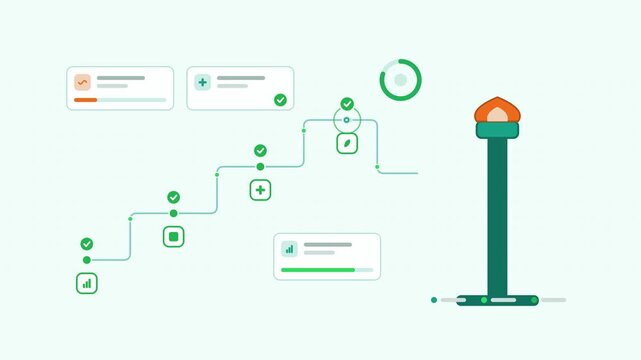 Seamless 4K looping animation showing a flaring reduction phase down presented as a stage sequence. Flat vector icons, UI cards and animated connector lines move across a clean light background in tea