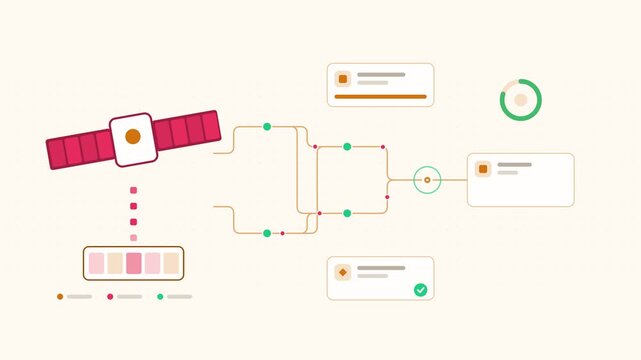 Animated satellite data pipeline imagery visualised as a node network in a modern flat vector style. Smooth looping 4K motion graphic with soft warm red and coral colours, floating interface cards and