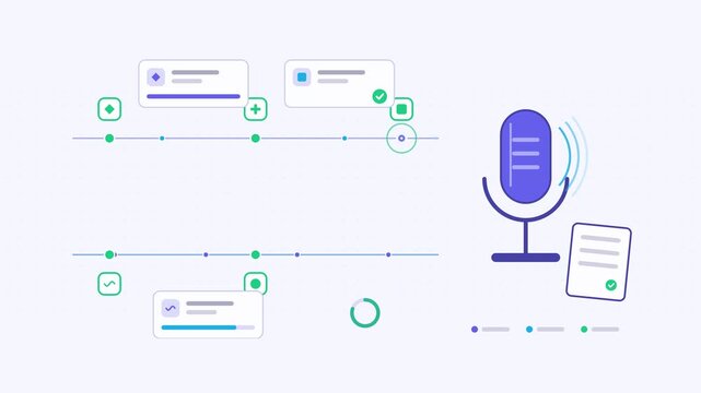 Seamless 4K looping animation showing a voice synthesis workflow consent presented as a parallel lanes. Flat vector icons, UI cards and animated connector lines move across a clean light background in