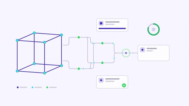 Seamless 4K looping animation showing a 3d asset generation presented as a node network. Flat vector icons, UI cards and animated connector lines move across a clean light background in soft neutral t