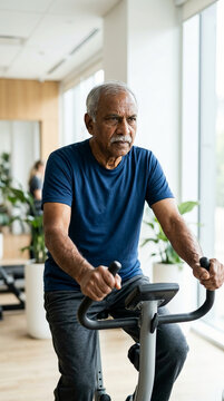 Senior Indian Man Training on Exercise Bike in Bright Modern Fitness Center, Elderly Health and Wellness Active Lifestyle Concept.