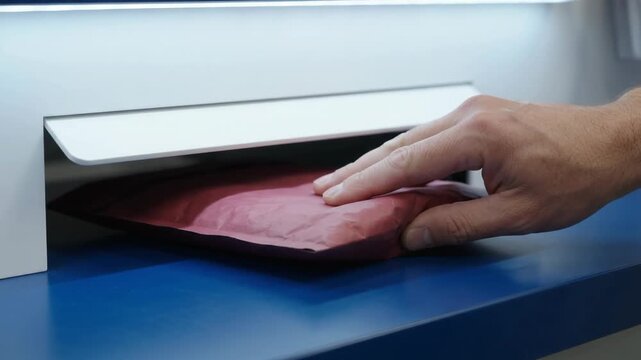 Hand Compressing A Padded Mailer To Push It Through A Mail Drop Slot