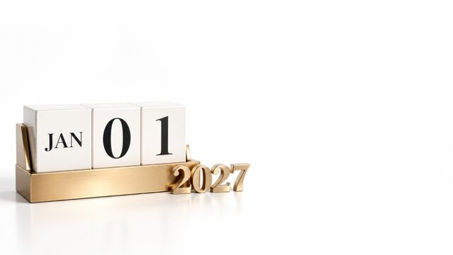 January 1 2027 block calendar with golden year numerals on a clean white background