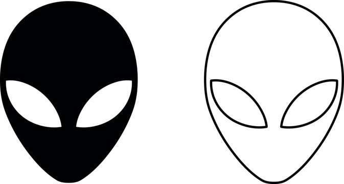 Minimalist black and white alien head icons representing mysterious extraterrestrial life in a clean flat studio lighting style.