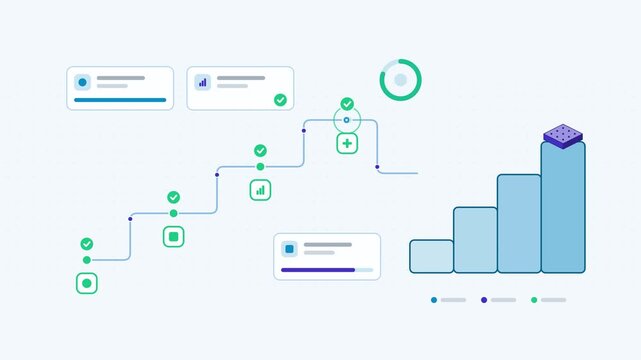 Seamless 4K looping animation showing a ai adoption roadmap rollout presented as a stage sequence. Flat vector icons, UI cards and animated connector lines move across a clean light background in teal
