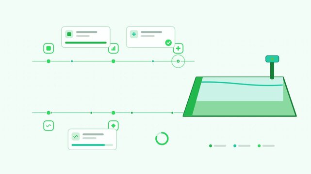 Animated tailings management storage control visualised as a parallel lanes in a modern flat vector style. Smooth looping 4K motion graphic with soft fresh green colours, floating interface cards and 