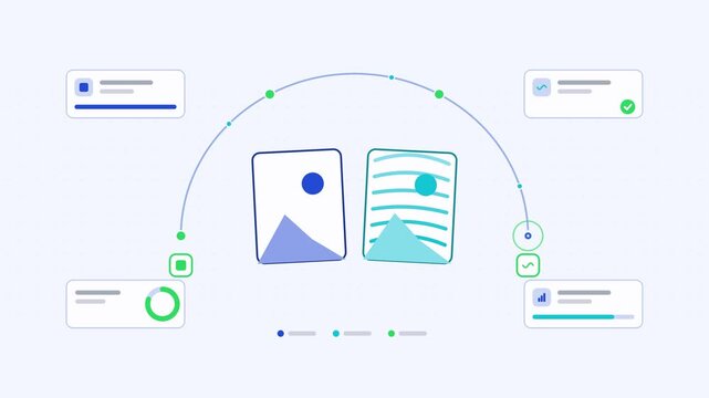 Animated style transfer content style visualised as a two way exchange in a modern flat vector style. Smooth looping 4K motion graphic with soft teal and turquoise colours, floating interface cards an