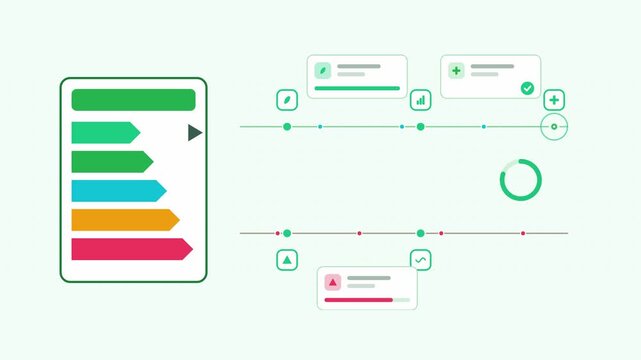 Seamless 4K looping animation showing a energy label comparison class presented as a parallel lanes. Flat vector icons, UI cards and animated connector lines move across a clean light background in fr