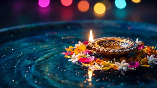 Diya placed in middle of colorful rangoli happy Diwali background - ai generative
