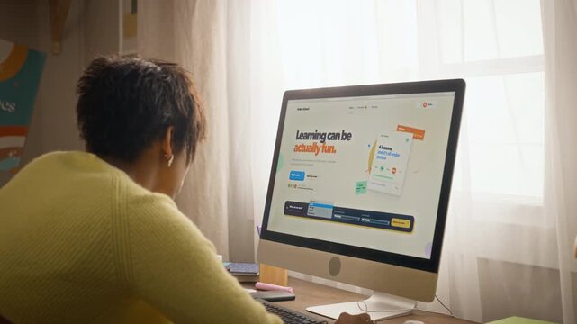 African American teenage girl studying educational platform on desktop computer in rear view. Clip serves remote tutoring promotions and digital learning ads