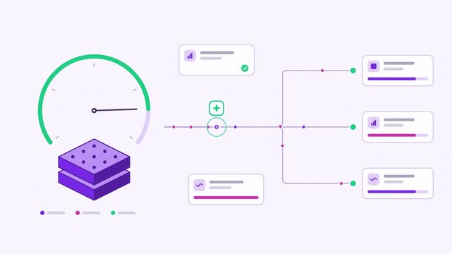 Animated ai roi assessment value factors visualised as a process flow in a modern flat vector style. Smooth looping 4K motion graphic with soft purple and violet colours, floating interface cards and 