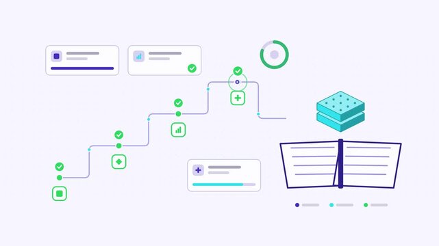 Seamless 4K looping animation showing a ai skills training presented as a stage ladder. Flat vector icons, UI cards and animated connector lines move across a clean light background in teal and turquo