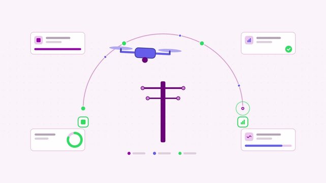 Seamless 4K looping animation showing a grid inspection drone flight return presented as a process flow. Flat vector icons, UI cards and animated connector lines move across a clean light background i