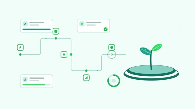 Seamless 4K looping animation showing a plant based supply chain delivery presented as a process chain. Flat vector icons, UI cards and animated connector lines move across a clean light background in