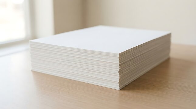 Stack of blank white paper sheets on a wooden desk for office and