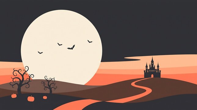 A spooky pixel art landscape featuring a haunted castle on a hill under a large full moon