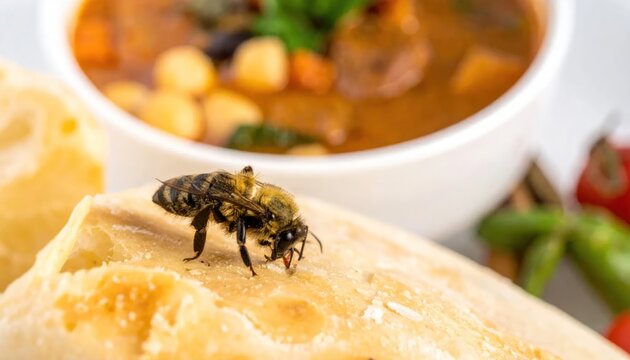 Close-up of a bee on a piece of bread, with a bowl of stew or soup and peppers in the background.