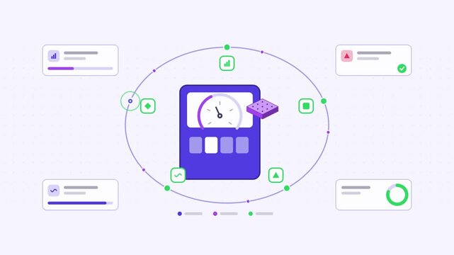 Animated inference cost tracking spend visualised as a loop cycle in a modern flat vector style. Smooth looping 4K motion graphic with soft blue and azure colours, floating interface cards and flowing