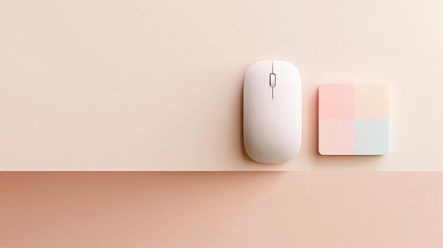 Minimalist white computer mouse and pastel color swatch, Clean modern flat lay composition, Tech accessory and design element background