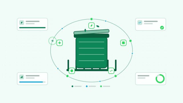 Animated home composting balcony bin visualised as a loop cycle in a modern flat vector style. Smooth looping 4K motion graphic with soft fresh green colours, floating interface cards and flowing dots