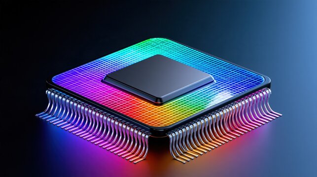 Microchip computer processor with RGB lights, Futuristic technology electronic circuit background, Digital data computing hardware element