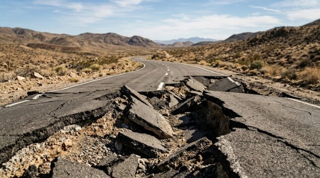 A devastating earthquake has split a desert asphalt road apart, leaving large jagged pieces of pavement scattered across a deep fissure under a bright blue sky, underscoring the broken road