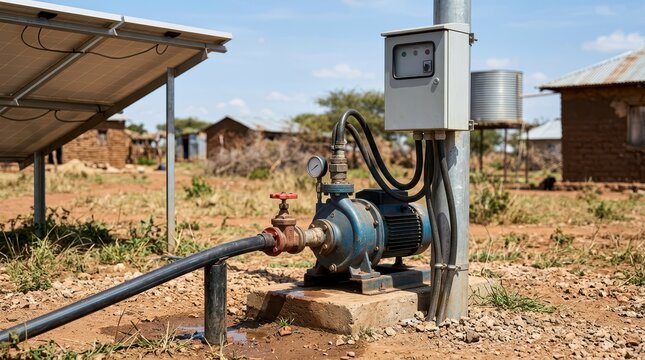 Solar Powered Water Pump System Installed in a Rural Landscape with Solar Panels and Nearby Housing Structures