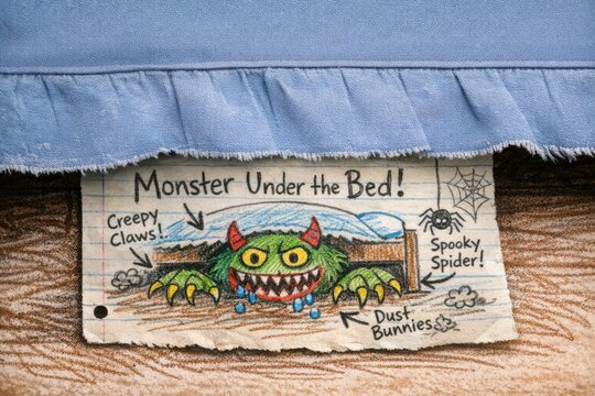 A frightening creature lurks beneath a child's bed, ready to pounce