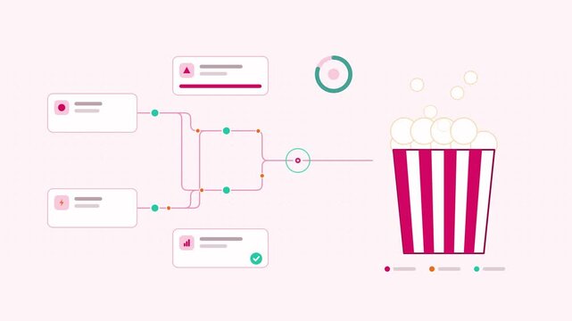 Animated popcorn bucket visualised as a node network in a modern flat vector style. Smooth looping 4K motion graphic with soft warm red and coral colours, floating interface cards and flowing dots on 