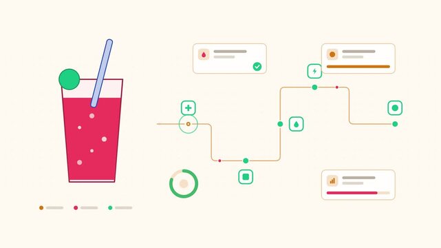 Seamless 4K looping animation showing a smoothie glass presented as a process chain. Flat vector icons, UI cards and animated connector lines move across a clean light background in warm red and coral