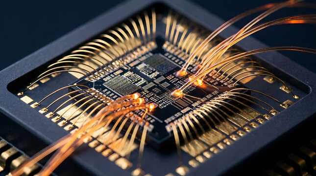 Microprocessor chip with gold wire bonding connections in a high-tech semiconductor manufacturing laboratory environment