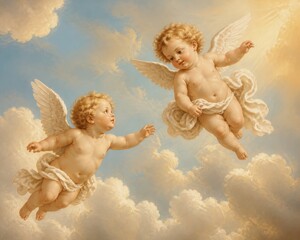 Fototapeta premium Two cherubic angels floating among soft golden clouds