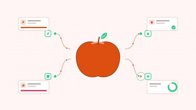 Animated red apple visualised as a network hub in a modern flat vector style. Smooth looping 4K motion graphic with soft warm red and coral colours, floating interface cards and flowing dots on a ligh