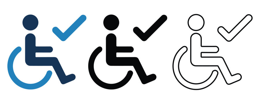 Professional wheelchair accessibility icons with checkmarks representing inclusive approved access in a bright digital interface.