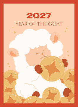 Happy Chinese new year 2027 poster vector set. Year of the Goat zodiac template with goat and Chinese money coin. 